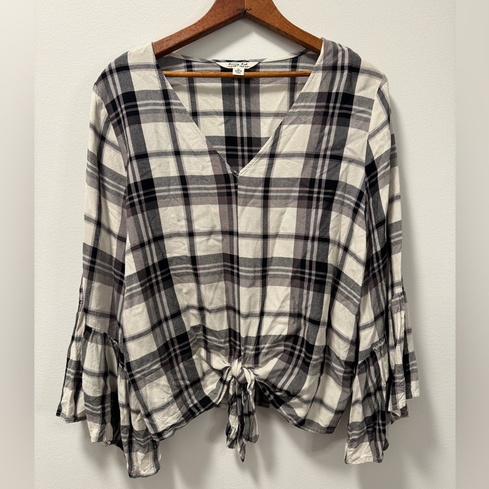 Buffalo Plaid Krazy Kat Black White V-Neck Tie Front Bell Flutter Sleeve Blouse